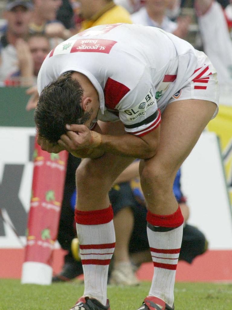 Trent Barrett after dropping the ball over the tryline against the Raiders in Round 1, 2004. Picture: Mark Evans