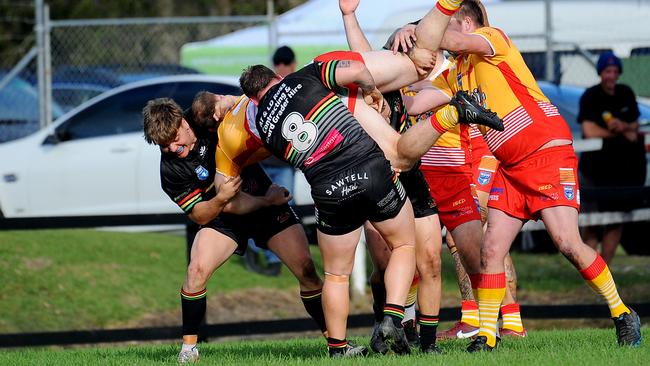 Coffs Harbour centre Marty Ferguson held in a lifting tackle. Picture: Leigh Jensen