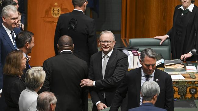 Mr Marape and Mr Albanese shared a moment before his speech began. Picture: NCA NewsWire / Martin Ollman