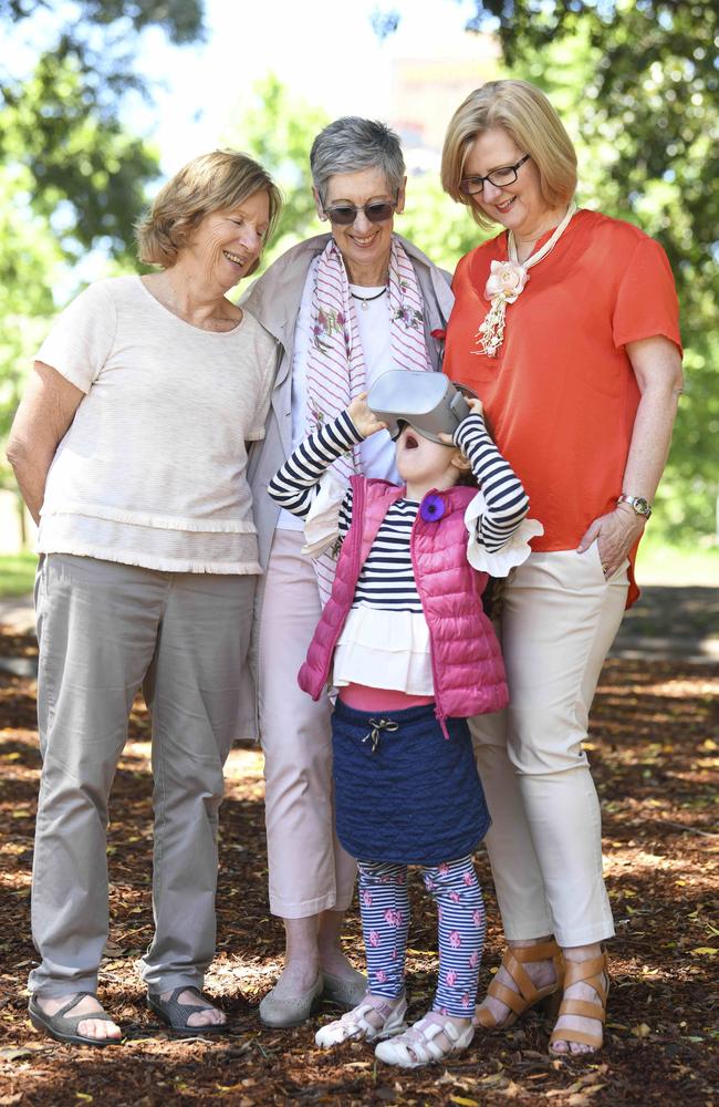 AnzacLive families come together 100 years on to test ANZAC 360. Alice Ross-King’s granddaughters Maggie Johnson and Beth Simpson, with Archie’s granddaughter Elizabeth Barwick, and Maggie’s granddaughter Emily Schranz. Picture: Darren Leigh Roberts