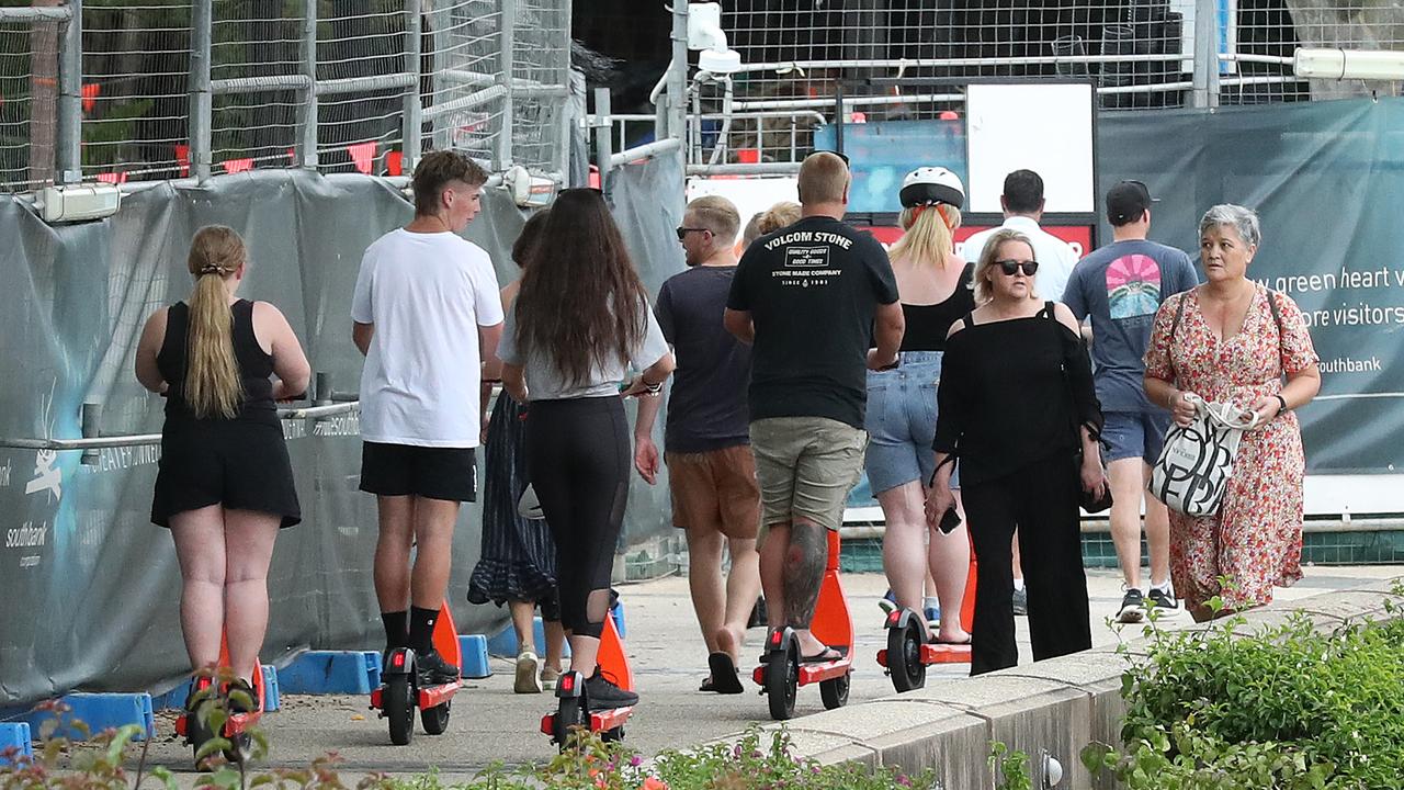 Scooter riders at South Brisbane. Picture: Liam Kidston