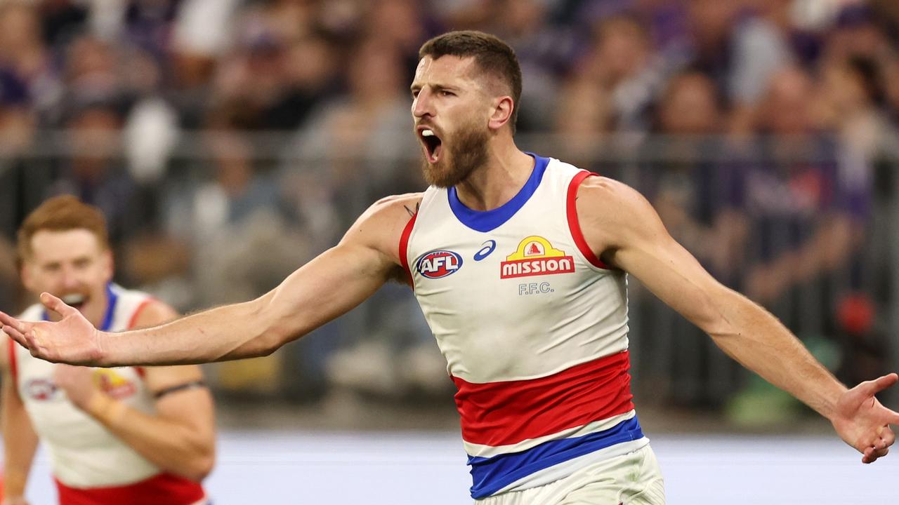 PERTH, AUSTRALIA - APRIL 21: Marcus Bontempelli of the Bulldogs celebrates after scoring a goal during the 2023 AFL Round 06 match between the Fremantle Dockers and the Western Bulldogs at Optus Stadium on April 21, 2023 in Perth, Australia. (Photo by Will Russell/AFL Photos via Getty Images)