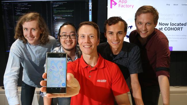 Team members of the App Factory: Carl Albrecht, Ryoma Ohira, Dr Sebastian Binnewies, Jake Hashim-Jones and Cailen Robertson in Cohort at Parkwood. Picture: Glenn Hampson