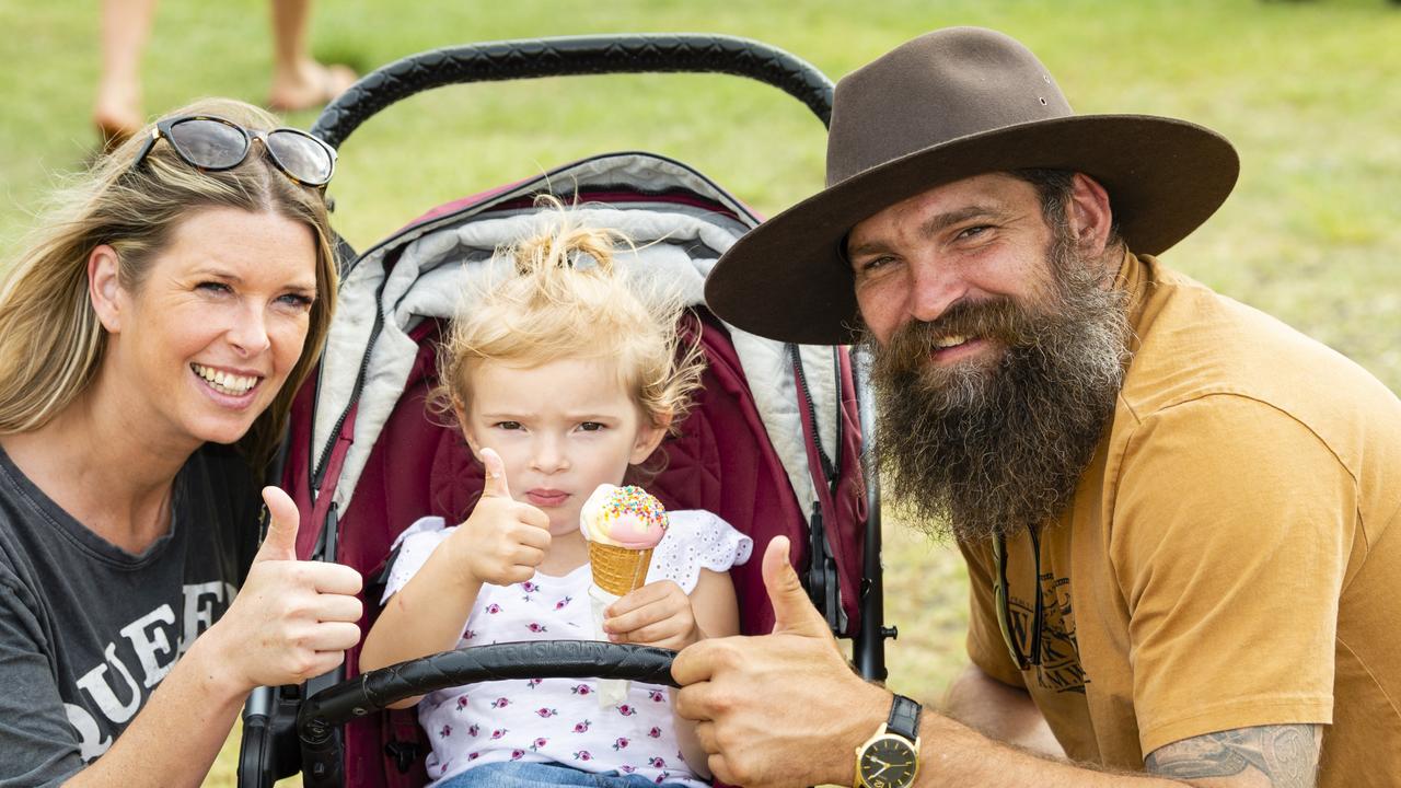 At Meatstock are (from left) Dayna Wedlock, Isla Green and Samuel Green at Toowoomba Showgrounds, Saturday, April 9, 2022. Picture: Kevin Farmer