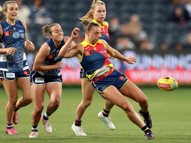 Crows star Ebony Marinoff gets a kick away during the game against the Cats. Picture: Getty Images