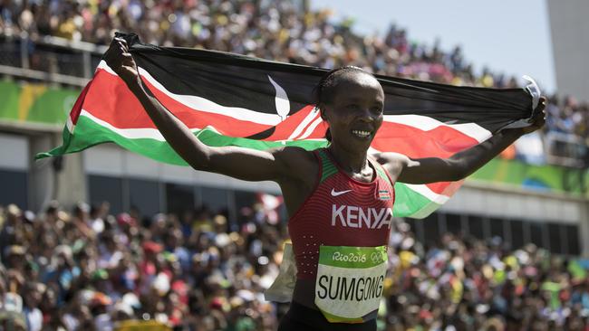 Kenya’s Jemima Sumgong of Kenya celebrates her Olympic marathon gold medal run at Rio de Janeiro last year.