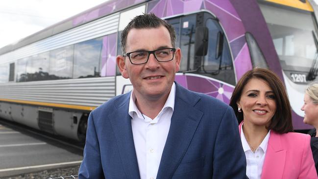 Victorian Premier Daniel Andrews with Marlene Kairouz at Deer Park train station in Melbourne.