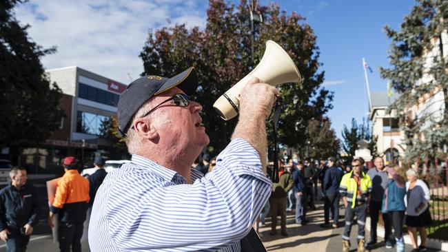 Toowoomba City Community Airport group president Matt Handley protests outside city hall before a council meeting to discuss the future of Toowoomba City Aerodrome (also known as Toowoomba Airport), Tuesday, May 28, 2024. Picture: Kevin Farmer