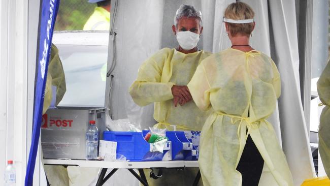 Health workers at a pop-up testing site in Byron Bay. Picture: Scott Powick