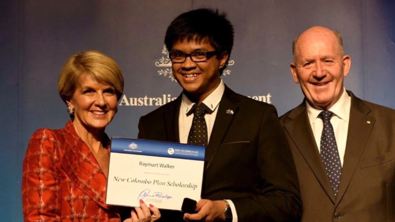 Former Gympie man Raymart Walker is pictured with former Foreign Minister Julie Bishop and former Governor-General Sir Peter Cosgrove, receiving his NCP scholarship. Picture: The University of the Sunshine Coast