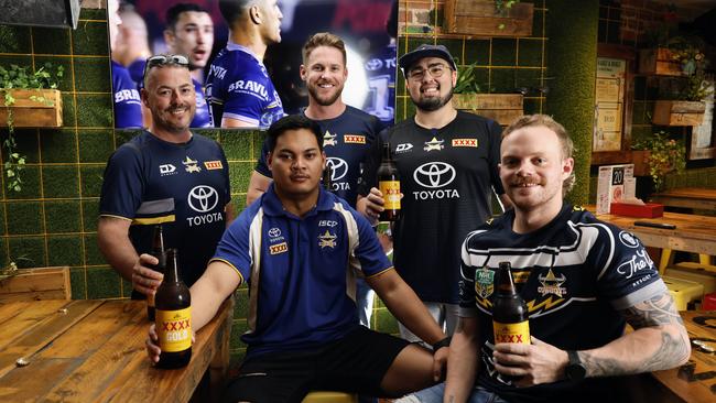 Cowboys fans Josh Apps, Josh Parba, Dan Charnley, Ben Powers and Jake McAnally are ready to watch this weekend’s game at the Courtyard. Photo: Brendan Radke