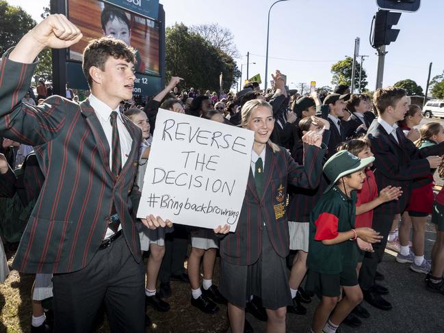 Elliot Zylstra and Georgia Peterson (both 16), future school captains of St PaulÃ¢â¬â¢s School, protesting the sacking of Paul Browning.