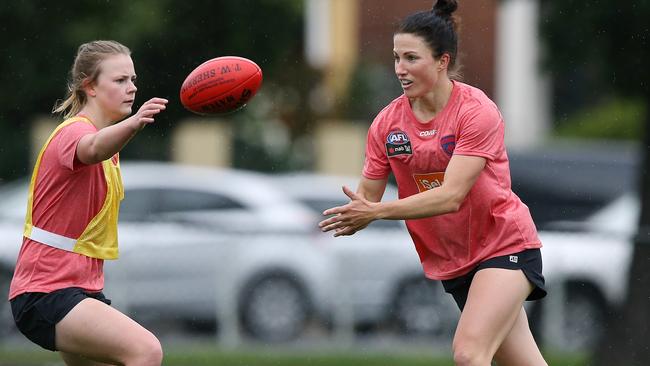 Ainslie Kemp and Melissa Hickey at training for Melbourne. Picture: Wayne Ludbey