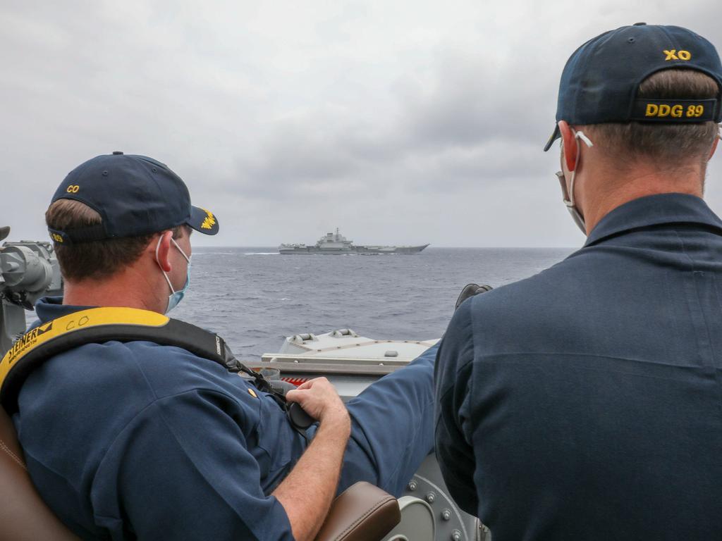 Recent pictures from the US Navy destroyer USS Mustin showed the warship shadowing the battle group of the Chinese Navy carrier Liaoning. Picture: US Navy