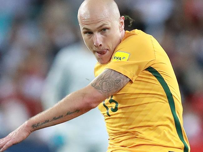 SYDNEY, AUSTRALIA - OCTOBER 10: Aaron Mooy of Australia kicks during the 2018 FIFA World Cup Asian Playoff match between the Australian Socceroos and Syria at ANZ Stadium on October 10, 2017 in Sydney, Australia.  (Photo by Ryan Pierse/Getty Images)