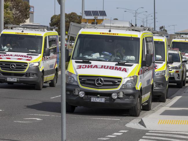 MELBOURNE, AUSTRALIA - NewsWire Photos October 8, 2021:  Ambulances lined up outside the Northern Hospital in Epping. State Emergency Service and St Johns personnel will start driving ambulances in Victoria due to a surge in demand over the past two weeks.Picture: NCA NewsWire / David Geraghty