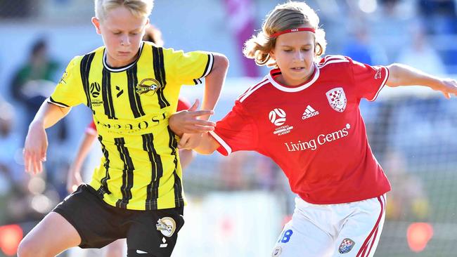 SOCCER: Junior football carnival, Maroochydore. Gold Coast Knights (red) V  Morton Bay United, boys. Picture: Patrick Woods.