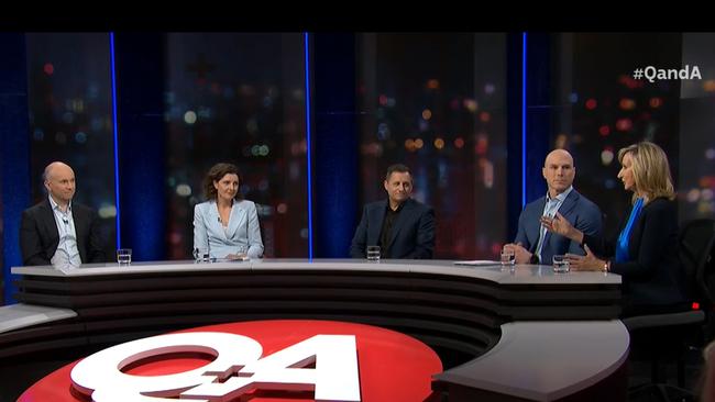 The Q and A panel from Monday night (left to right) NSW shadow health spokesman Matt Kean, Independent MP Allegra Spender, political strategist Kos Samaras, independent Senator David Pocock and broadcaster Janine Perret. Picture: ABC