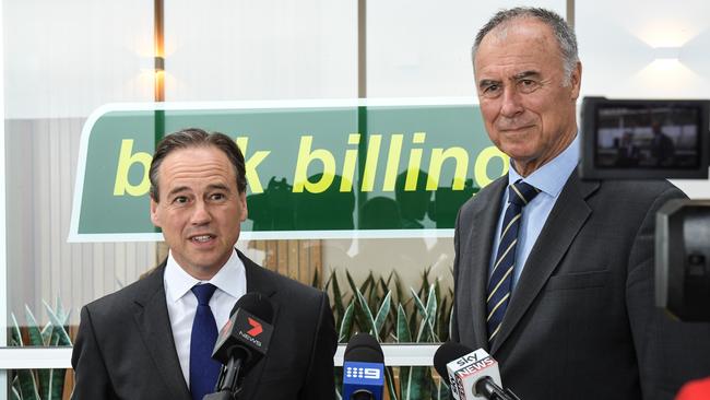 Health Minister Greg Hunt with Liberal candidate for Bennelong John Alexander at the Myhealth Medical Centre at the Macquarie Shopping Centre on Monday. Picture: Peter Rae