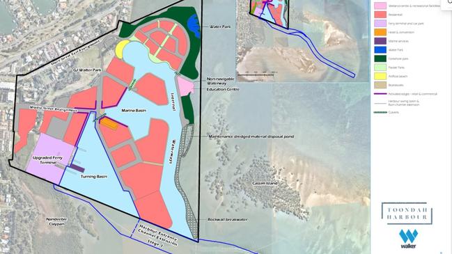 The dark blue at the top of the map signifies an area for a lagoon at Cleveland’s Toondah Harbour and the yellow sections are for a beach-style area.