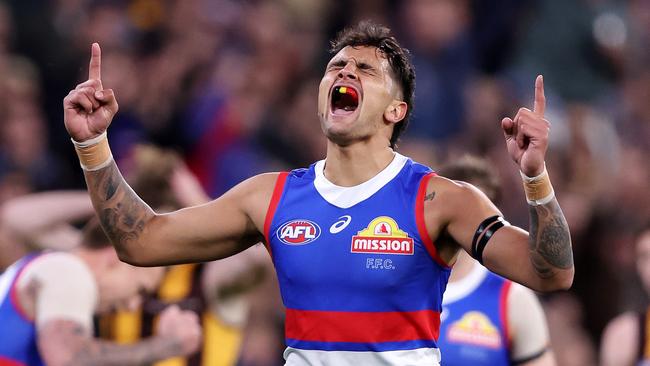 MELBOURNE, SEPTEMBER 6, 2024: 2024 AFL Football - Elimination Final - Western Bulldogs v Hawthorn at the MCG. Jamarra Ugle-Hagan of the Bulldogs celebrates a Sam Darcy goal. Picture: Mark Stewart