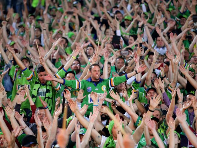 Raiders fans doing the viking clap at the 2019 NRL Grand Final between the Sydney Roosters and Canberra Raiders at ANZ Stadium, Sydney Olympic Park. Picture: Jonathan Ng