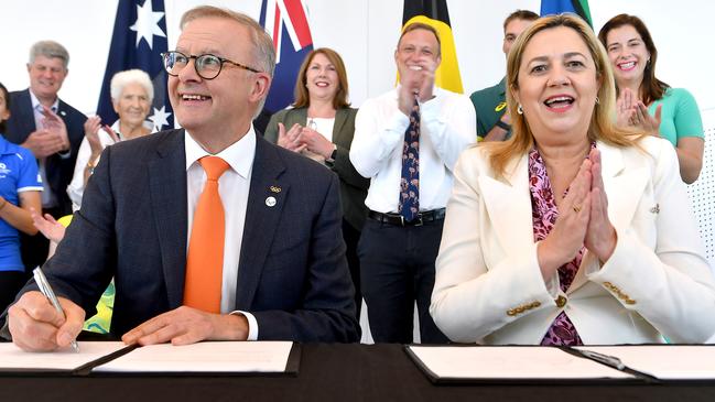 Prime Minister Anthony Albanese in Brisbane to ink a 2032 Olympic Games funding deal with Queensland Premier Annastacia Palaszczuk. Picture: NCA NewsWire/John Gass