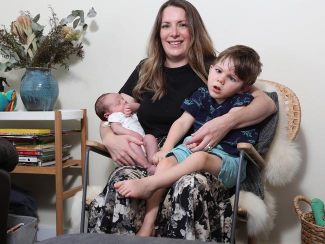 Sarah Taylor hopes Franklin, three, can use his baby brother’s umbilical cord blood stem cells to help his cerebral palsy. Picture: Brett Costello