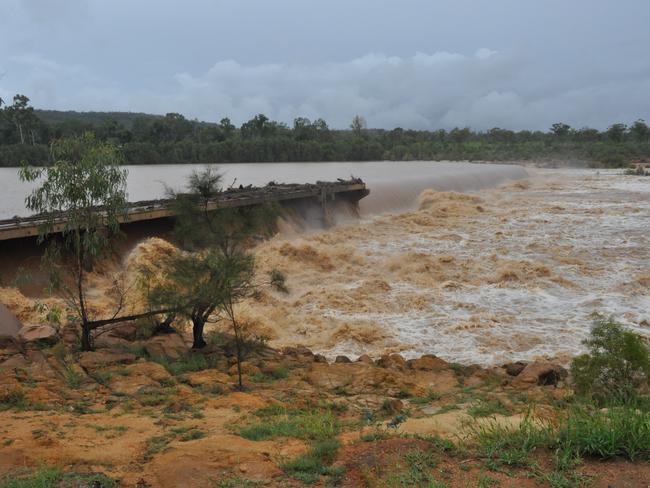 Water from the Burdekin River rushing over the Charters Towers Weir following recent rain in the district.