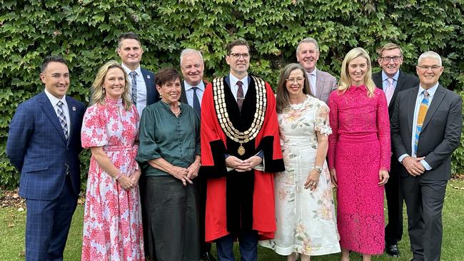 Toowoomba mayor Geoff McDonald with the 2024-2028 councillors outside City Hall.