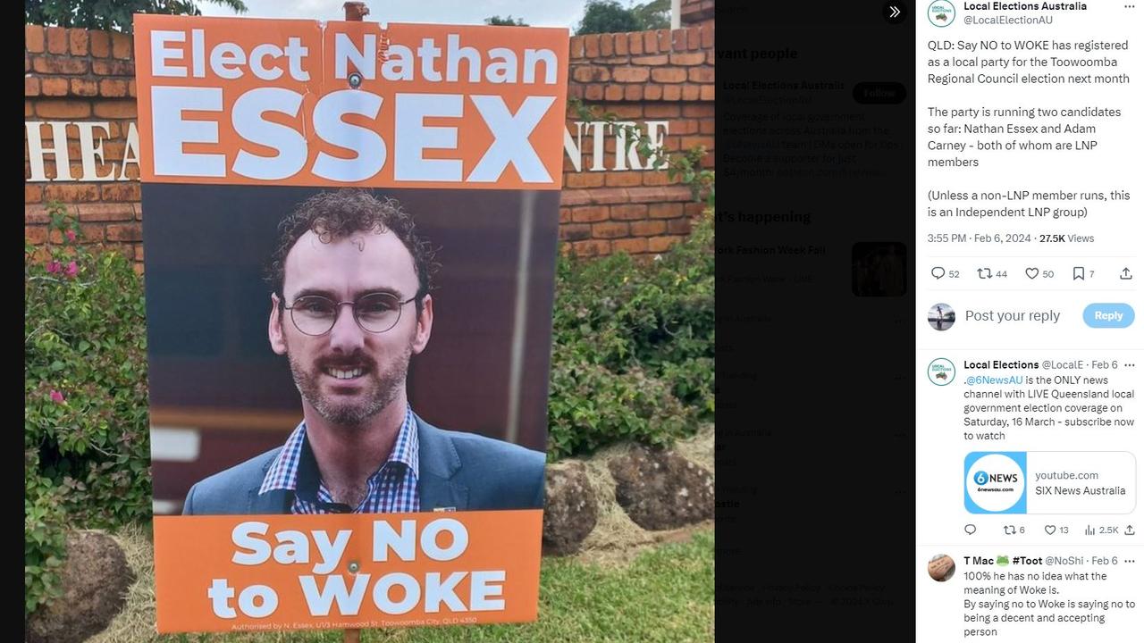 Toowoomba candidate Nathan Essex's signs on X.
