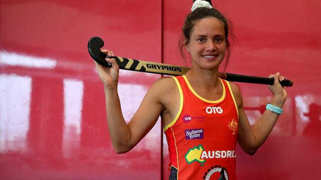 Brooke Peris of the Hockeyroos poses for a photo wearing the newly unveiled playing kit during a media opportunity at Kings Park in Perth, Thursday, February 27, 2020. The kit was designed and painted by Aboriginal, dual Olympian, gold medallist and former Hockeyroo and Federal Senator Nova Peris. (AAP Image/Richard Wainwright) NO ARCHIVING