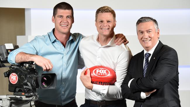 The Fox Footy line-up: Jonathan Brown, Nick Riewoldt and Eddie McGuire. Picture: Kylie Else