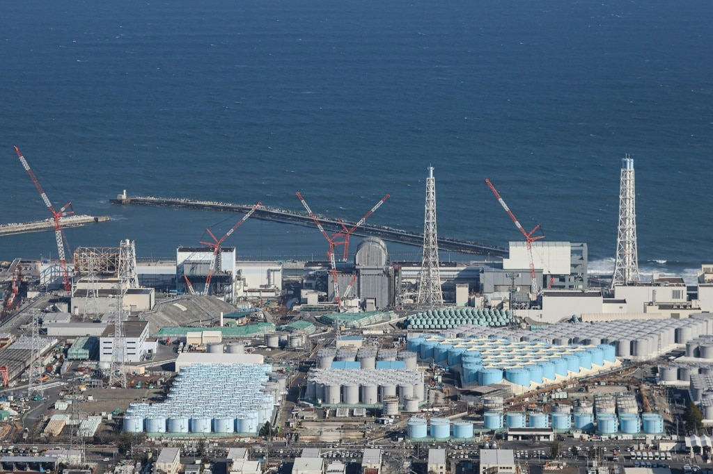 An aerial photo shows storage tanks that hold treated water at TEPCO's crippled Fukushima Daiichi Nuclear Power Plant