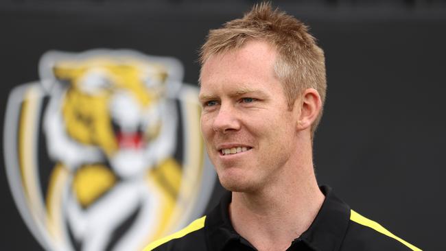 Jack Riewoldt of the Tigers speaks to the media during a Richmond Tigers AFL training session at Punt Road Oval on February 03, 2022 in Melbourne, Australia. (Photo by Robert Cianflone/Getty Images)