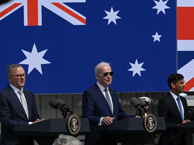 Australian Prime Minister Anthony Albanese, US President Joe Biden and British Prime Minister Rishi Sunak making an AUKUS announcement in San Diego last year. Picture: Anadolu Agency via Getty Images