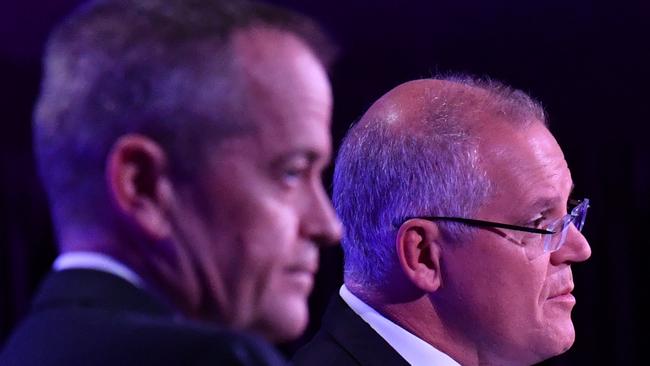 Leader of the Opposition Bill Shorten and Prime Minister Scott Morrison during the third Leaders Debate at the National Press Club. Picture: AAP 