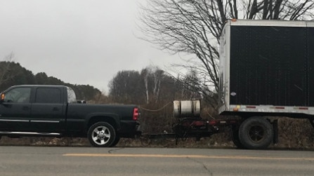 Chevy Silverado driver caught towing semi-trailer in Canada. Source: Ontario Provincial Police Facebook.