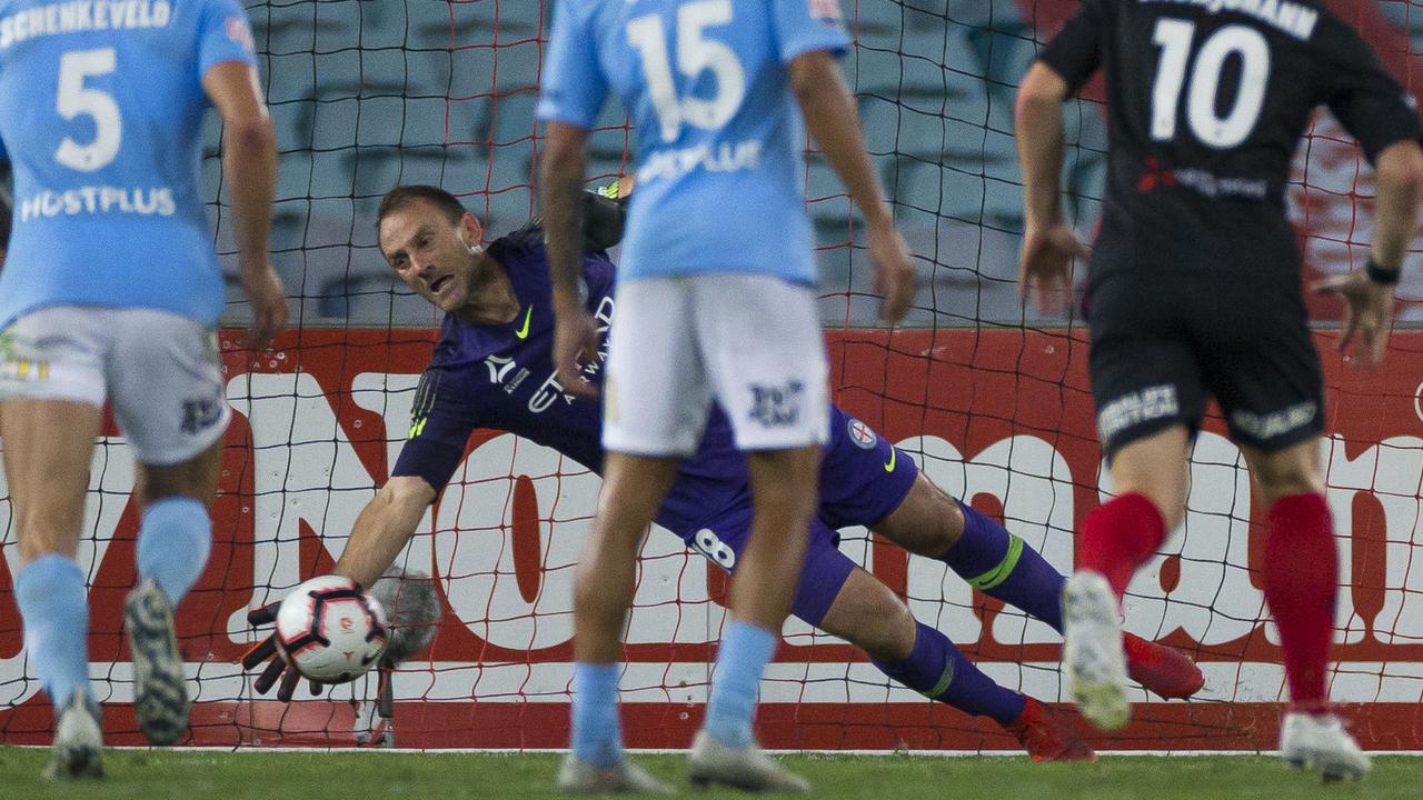 Eugene Galekovic of Melbourne City saves a penalty. (AAP Image/Craig Golding) 