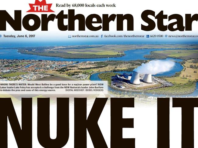 In 2017, The Northern Star ran this cheeky front page when then NSW Labor leader Luke Foley accepted a challenge from NSW Nationals leader John Barilaro to hold a public forum on nuclear power in Lismore.