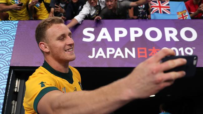 SAPPORO, JAPAN - SEPTEMBER 21: Reece Hodge of Australia takes a selfie after the Rugby World Cup 2019 Group D game between Australia and Fiji at Sapporo Dome on September 21, 2019 in Sapporo, Hokkaido, Japan. (Photo by Dan Mullan/Getty Images)