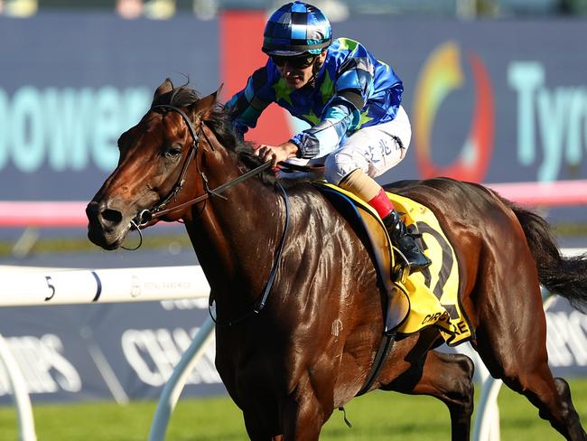 SYDNEY, AUSTRALIA - APRIL 13: Andrea Atzeni riding  Circle Of Fire wins Race 7 Schweppes Sydney Cup during Sydney Racing: The Championships at Royal Randwick Racecourse on April 13, 2024 in Sydney, Australia. (Photo by Jeremy Ng/Getty Images)