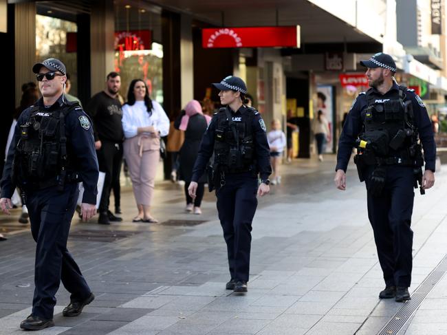 Security Response Section officers on patrol in Rundle Mall. Picture: NCA NewsWire/Kelly Barnes