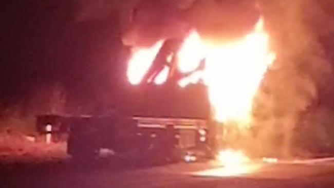 Emergency crews battle a truck fire on the Bruce Hwy at Bauple about 9pm on Tuesday, July 2, 2024.