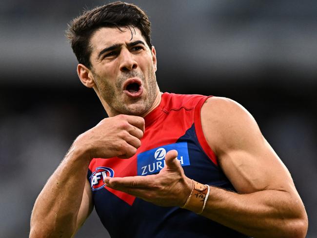 PERTH - APRIL 09: Christian Petracca of the Demons responds to the crowd after kicking a goal during the 2023 AFL Round 04 match between the West Coast Eagles and the Melbourne Demons at Optus Stadium on April 9, 2023 in Perth, Australia. (Photo by Daniel Carson/AFL Photos via Getty Images)