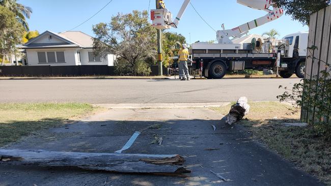 The service power pole that was cracked in half by a crash involving a white Holden Ute at Barney Point.