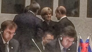 Former foreign minister Julie Bishop in 2014 famously challenges Vladimir Putin on MH17. Picture: Supplied