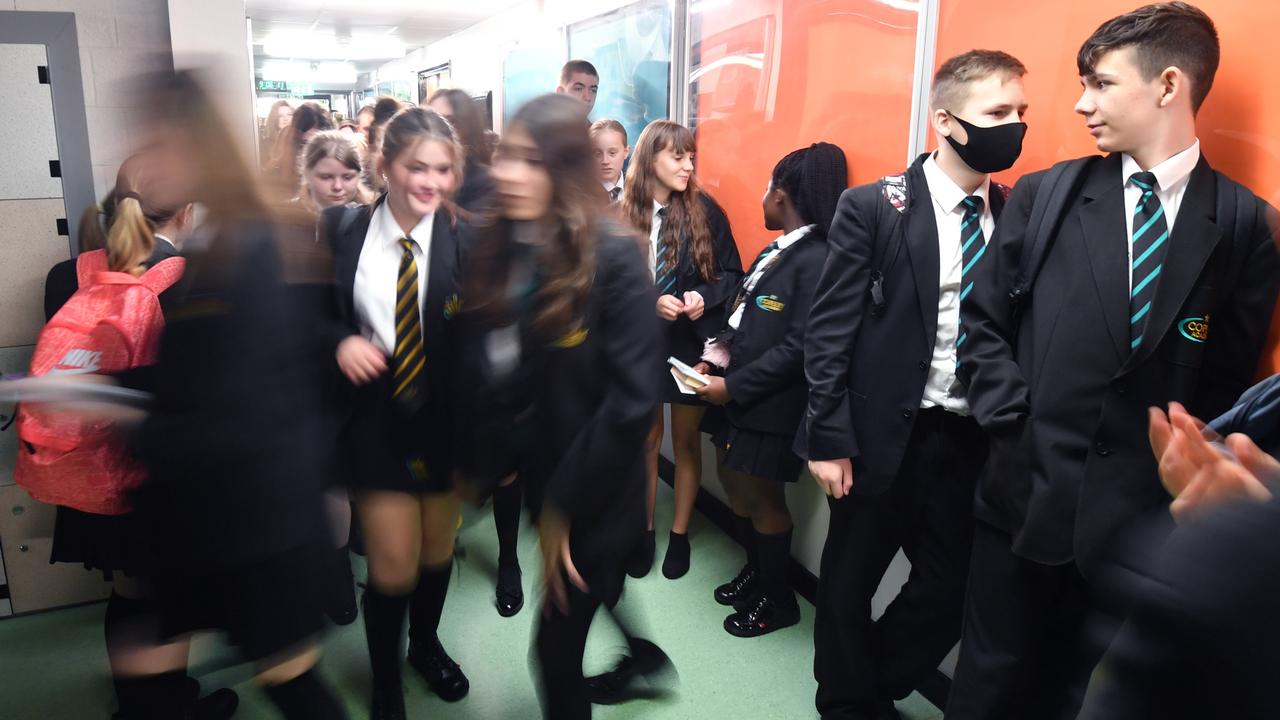 Social distancing signs are displayed on the floor as pupils return to school at Copley Academ in Stalybridge, England. Picture: Anthony Devlin/Getty Images