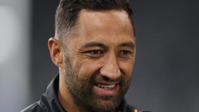 Tigers Benji Marshall is interviewed before the Wests Tigers v Parramatta NRL match at Bankwest Stadium, Parramatta. Picture: Brett Costello