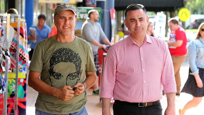 Former NSW MP Adrian Piccoli (L) and NSW Deputy Premier John Barilaro (R) on the campaign trail earlier this week. (Pic: Nathan Edwards)